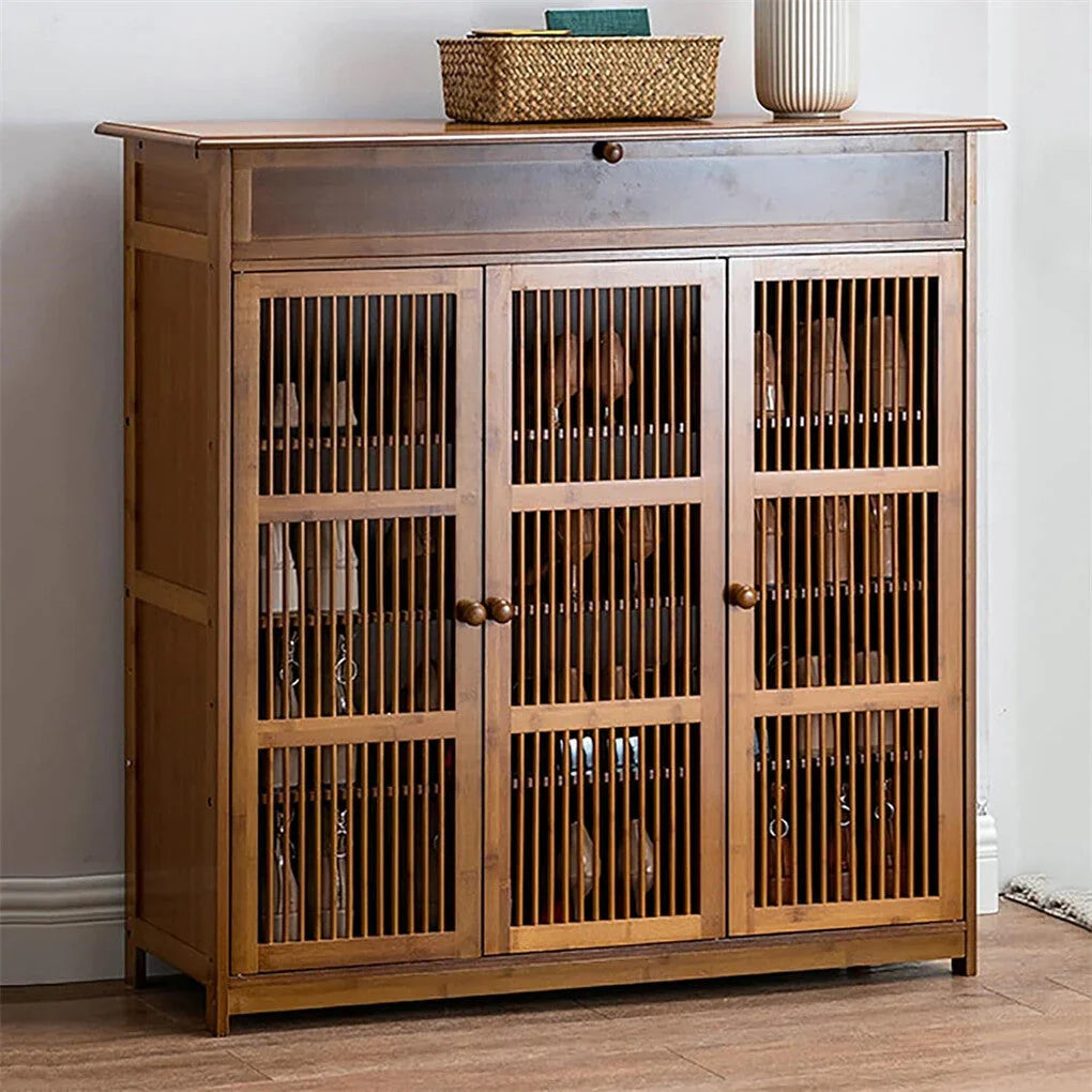 Shoes Rack Cabinet: Vintage Freestanding 4 Tier Shelves Shoe Storage Cabinet with 3 Hollow Doors Shoe Organizer Cabinet for Entryway, Closet, Hallway House Of Avana