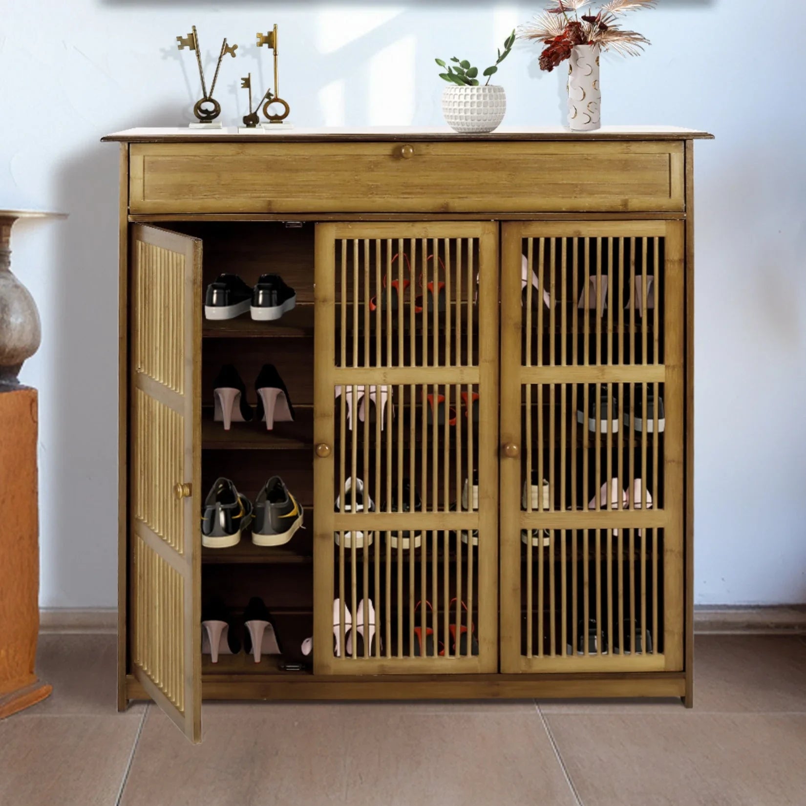 Shoes Rack Cabinet: Vintage Freestanding 4 Tier Shelves Shoe Storage Cabinet with 3 Hollow Doors Shoe Organizer Cabinet for Entryway, Closet, Hallway House Of Avana