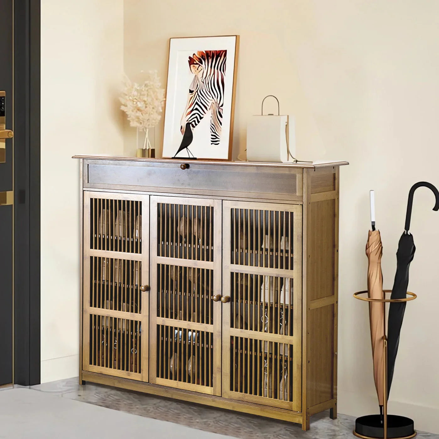 Shoes Rack Cabinet: Vintage Freestanding 4 Tier Shelves Shoe Storage Cabinet with 3 Hollow Doors Shoe Organizer Cabinet for Entryway, Closet, Hallway House Of Avana