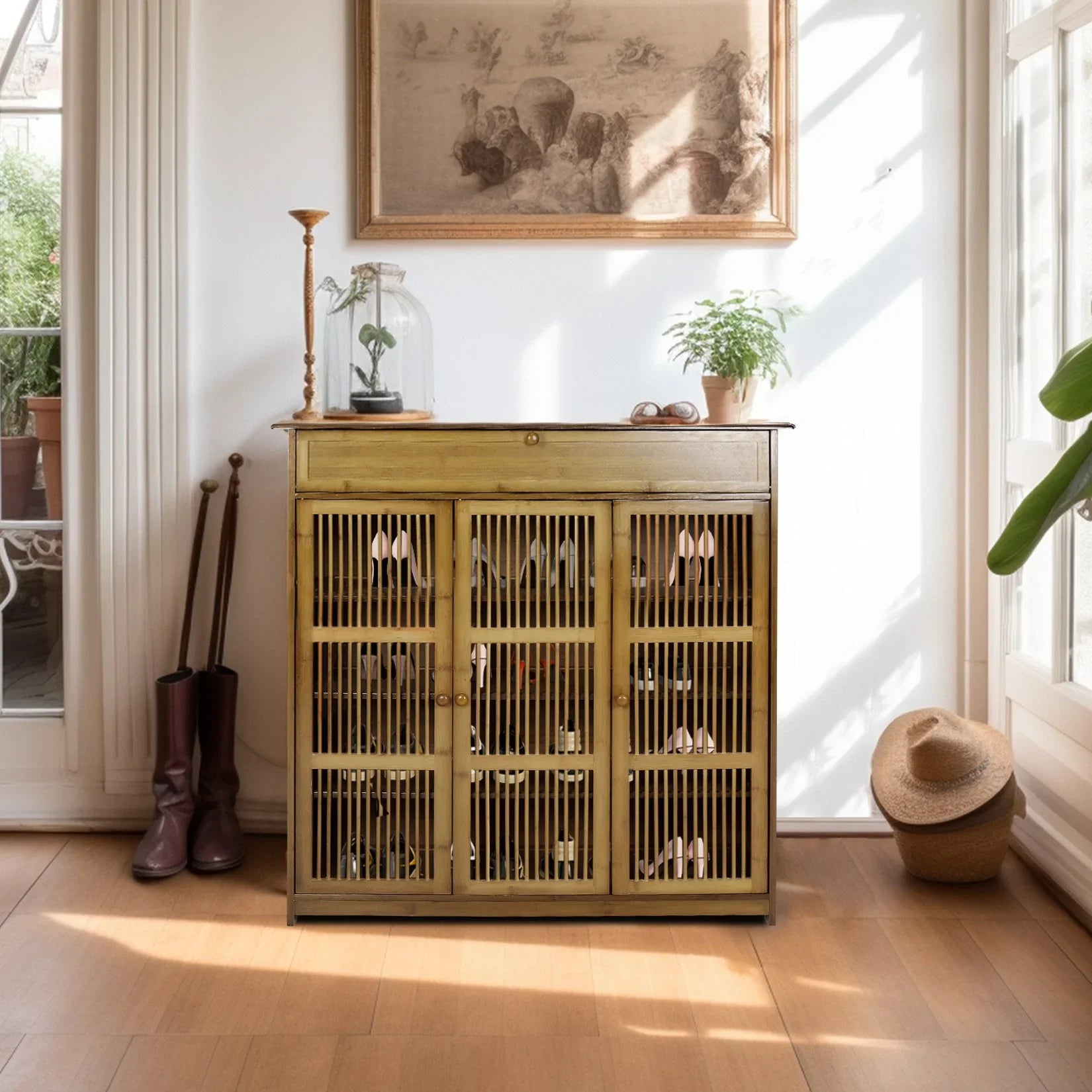 Shoes Rack Cabinet: Vintage Freestanding 4 Tier Shelves Shoe Storage Cabinet with 3 Hollow Doors Shoe Organizer Cabinet for Entryway, Closet, Hallway House Of Avana