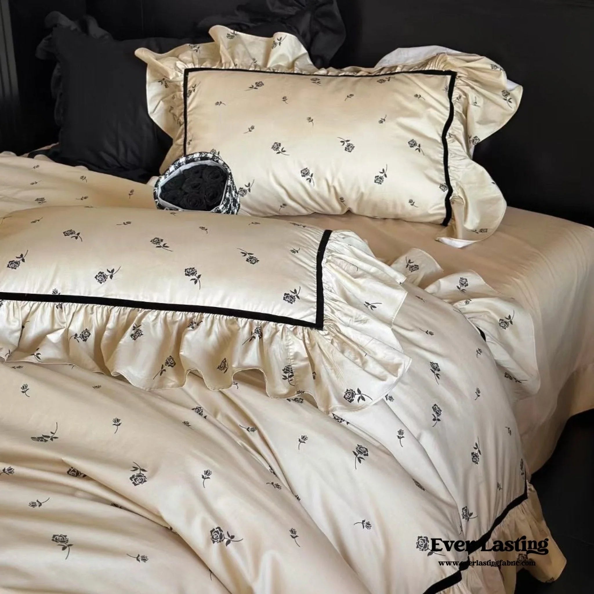 Silky French Black Rose Bedding Set Ever Lasting