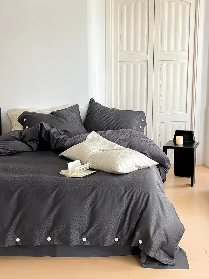 Silky Leopard Buttoned Bedding Set / Baby Pink Ever Lasting