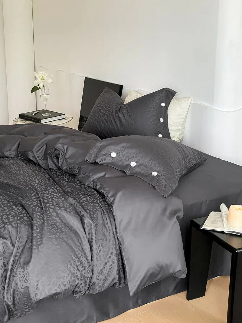 Silky Leopard Buttoned Bedding Set / Baby Pink Ever Lasting