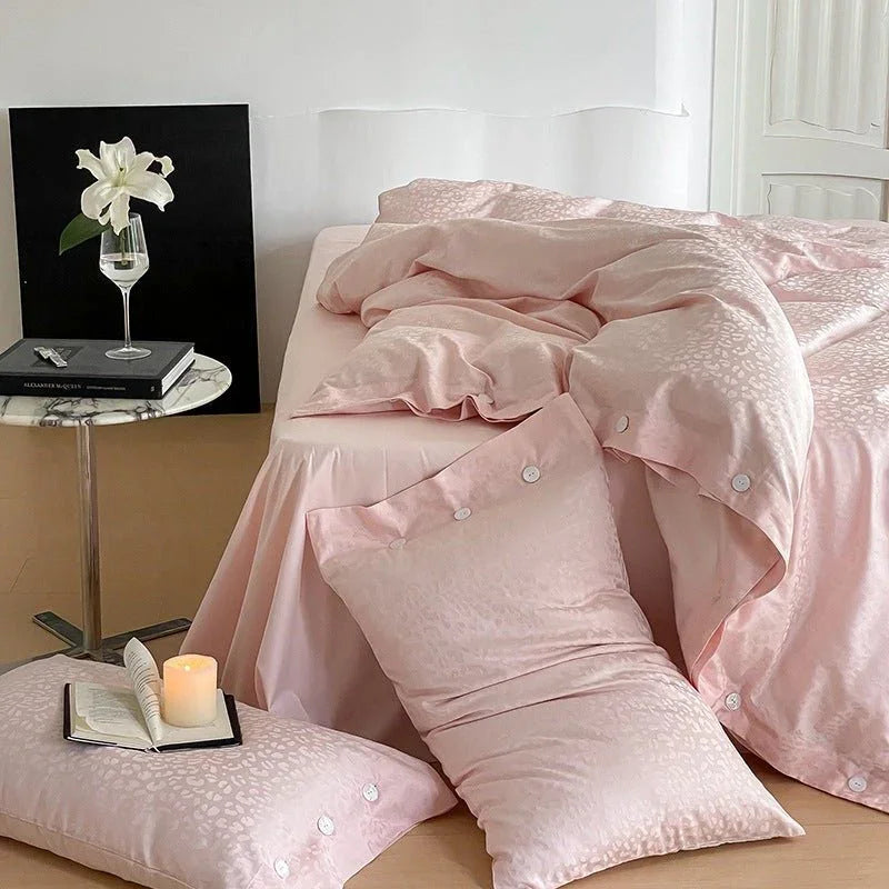 Silky Leopard Buttoned Bedding Set / Baby Pink Ever Lasting