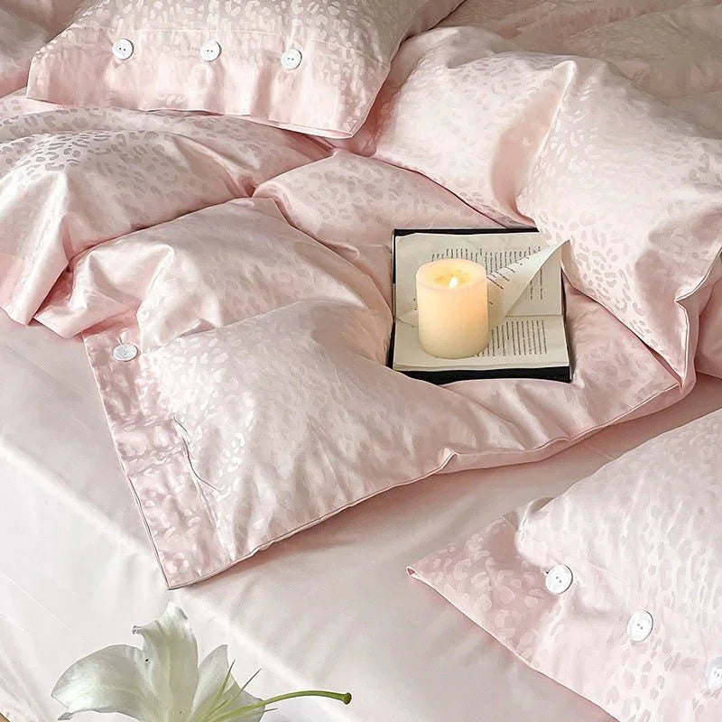 Silky Leopard Buttoned Bedding Set / Baby Pink Ever Lasting