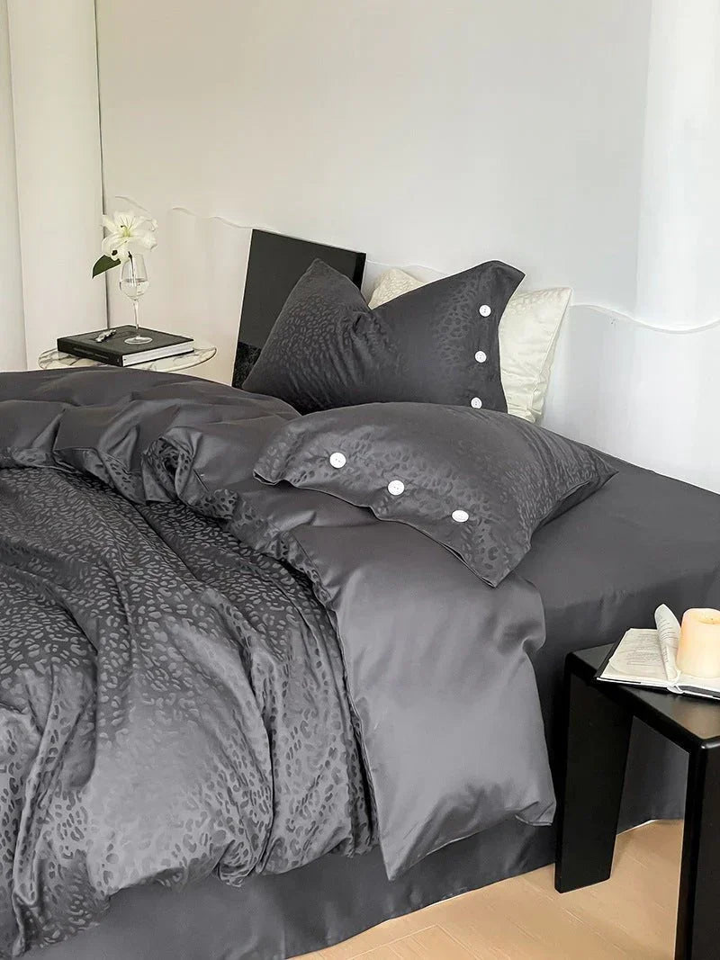 Silky Leopard Buttoned Bedding Set / Baby Pink Ever Lasting