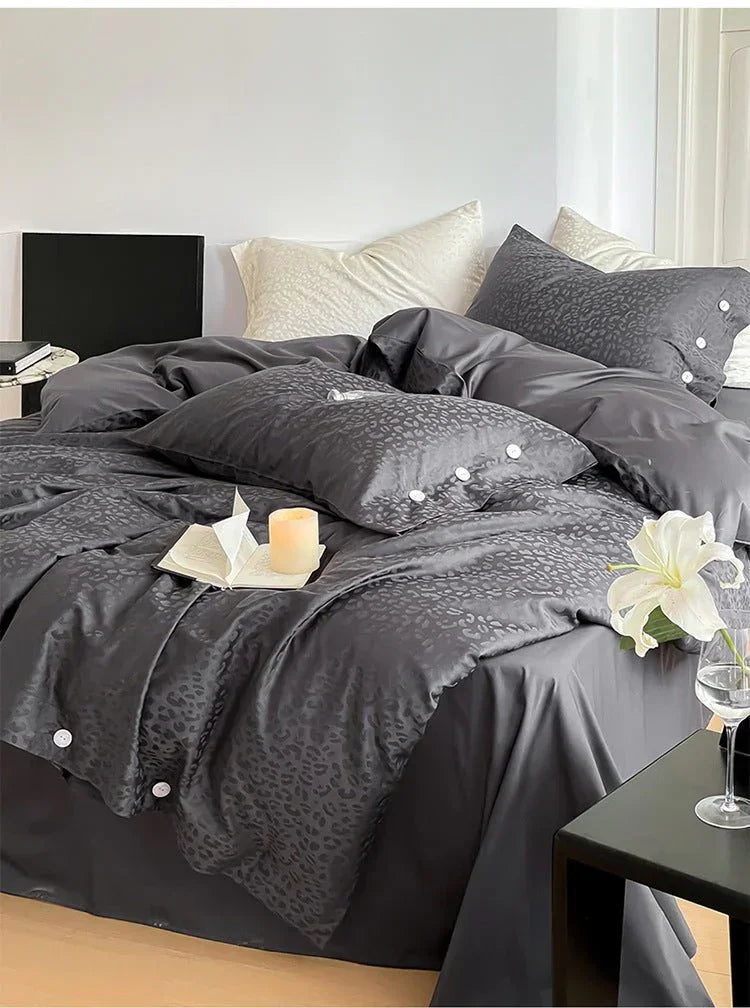 Silky Leopard Buttoned Bedding Set / Baby Pink Ever Lasting
