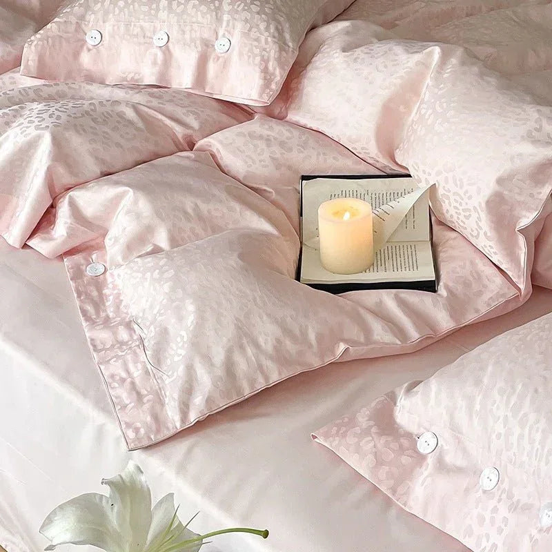 Silky Leopard Buttoned Bedding Set / Baby Pink Ever Lasting