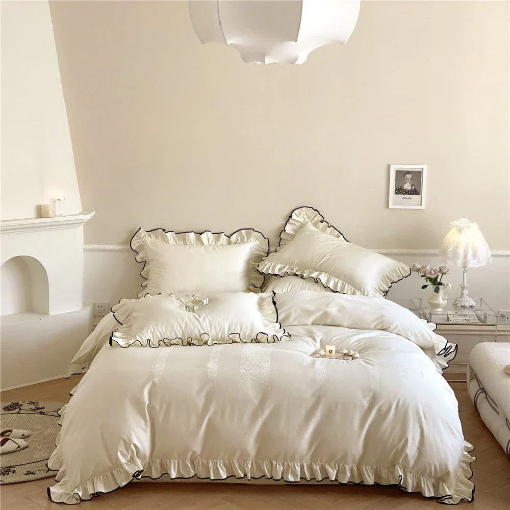 Silky Ruffle Bedding Set / Ivory White Ever Lasting