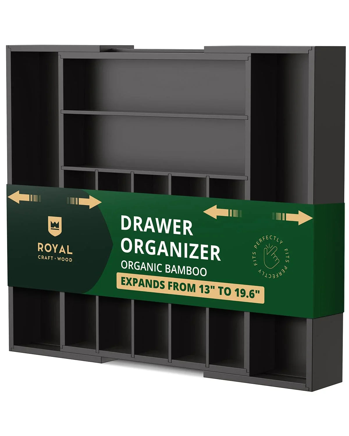 Silverware Drawer Organizer, Black (9 Slots) Royal Craft Wood