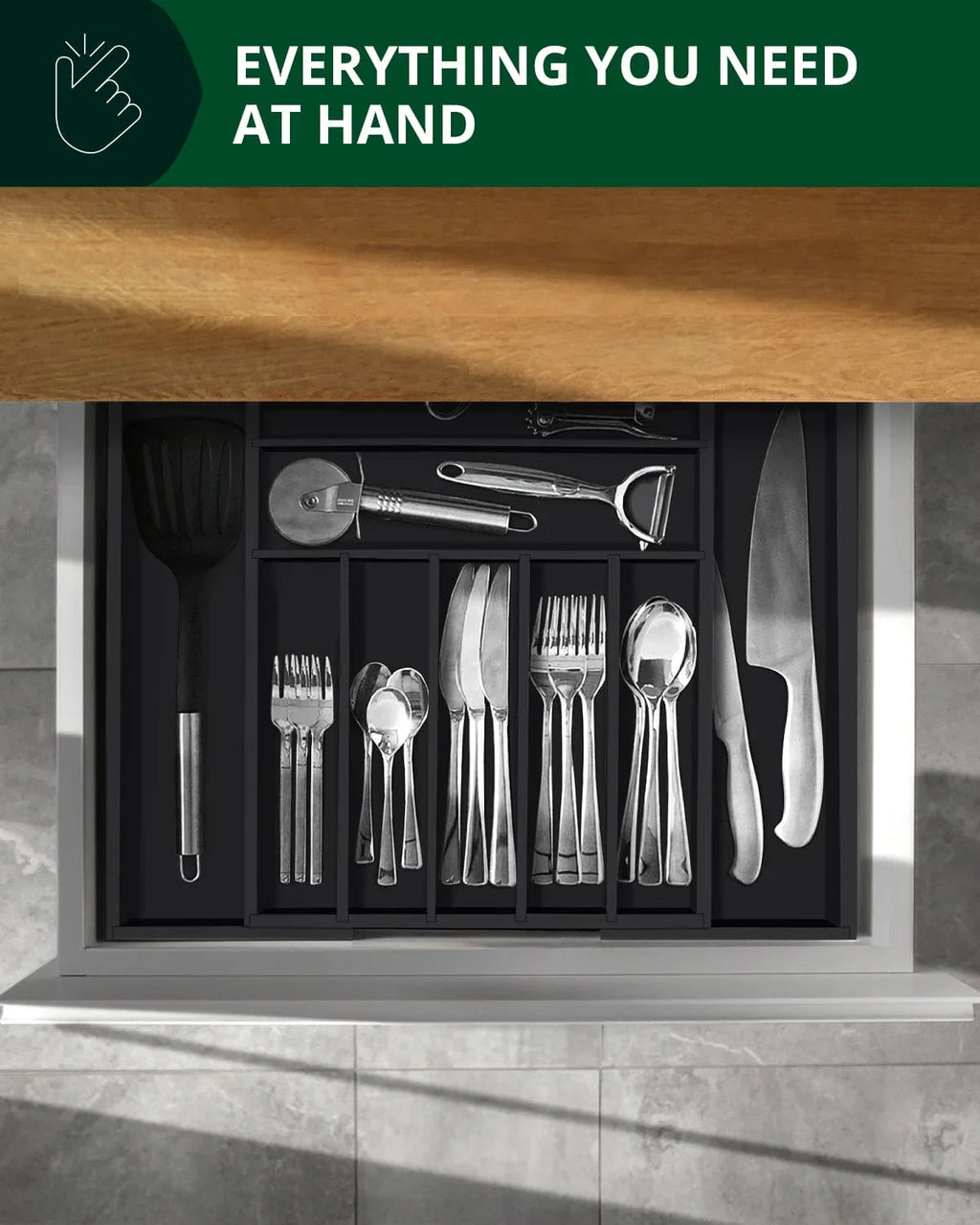 Silverware Drawer Organizer, Black (9 Slots) Royal Craft Wood