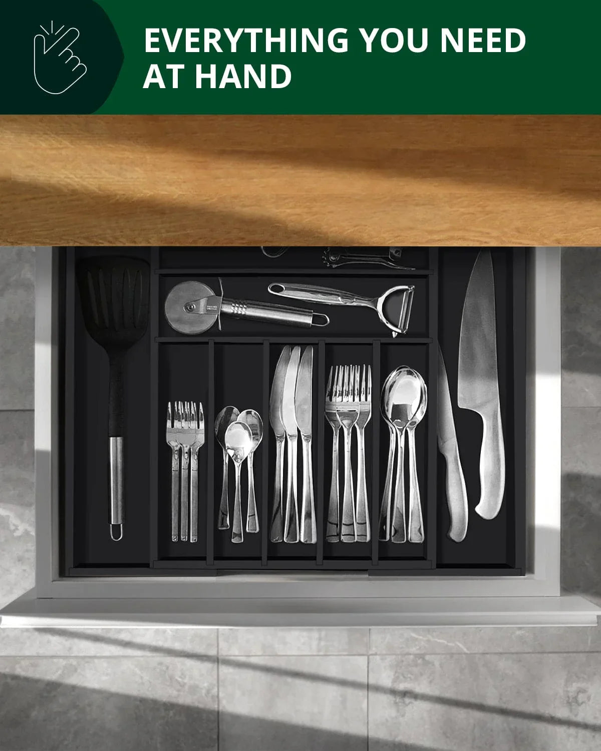 Silverware Drawer Organizer, Black (9 Slots) Royal Craft Wood