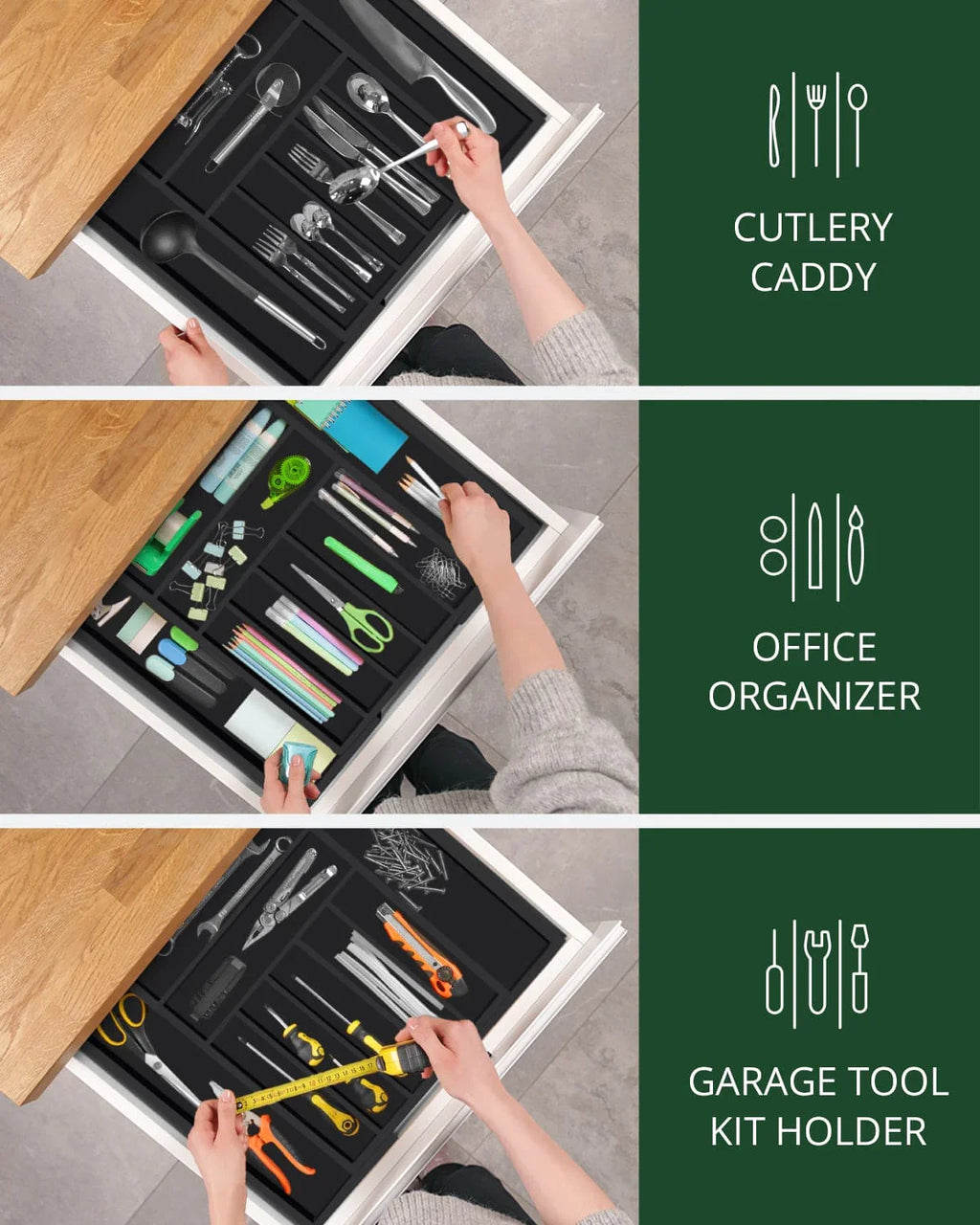 Silverware Drawer Organizer, Black (9 Slots) Royal Craft Wood