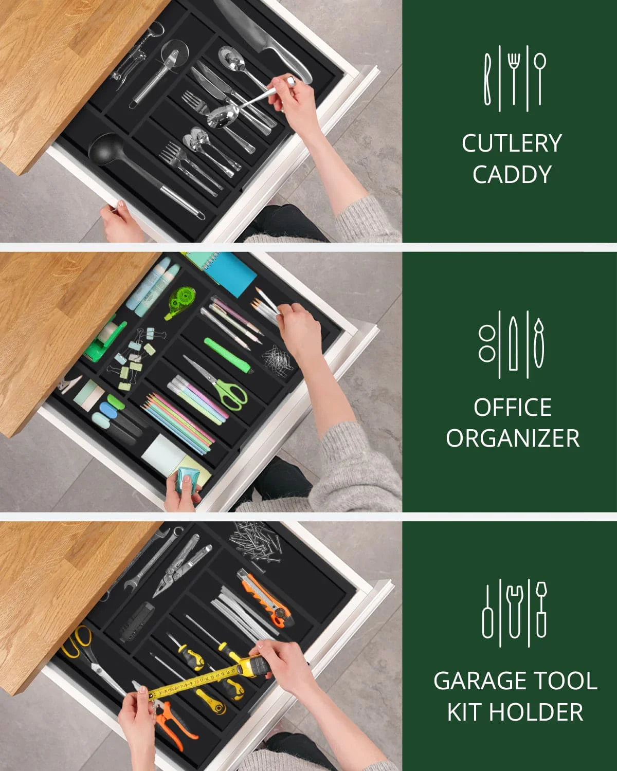 Silverware Drawer Organizer, Black (9 Slots) Royal Craft Wood
