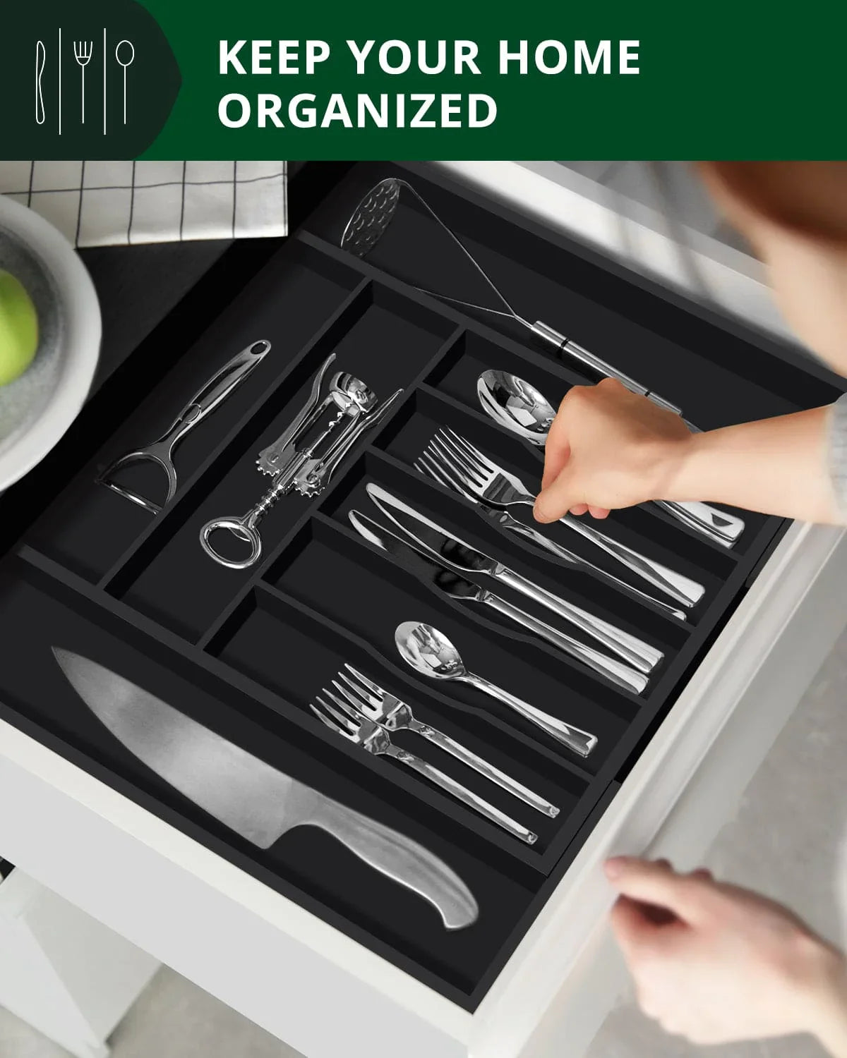 Silverware Drawer Organizer, Black (9 Slots) Royal Craft Wood