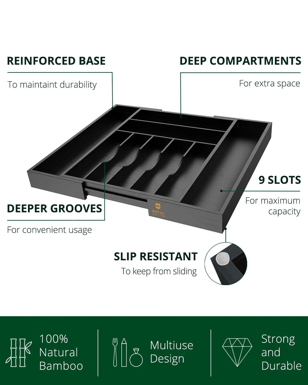 Silverware Drawer Organizer, Black (9 Slots) Royal Craft Wood