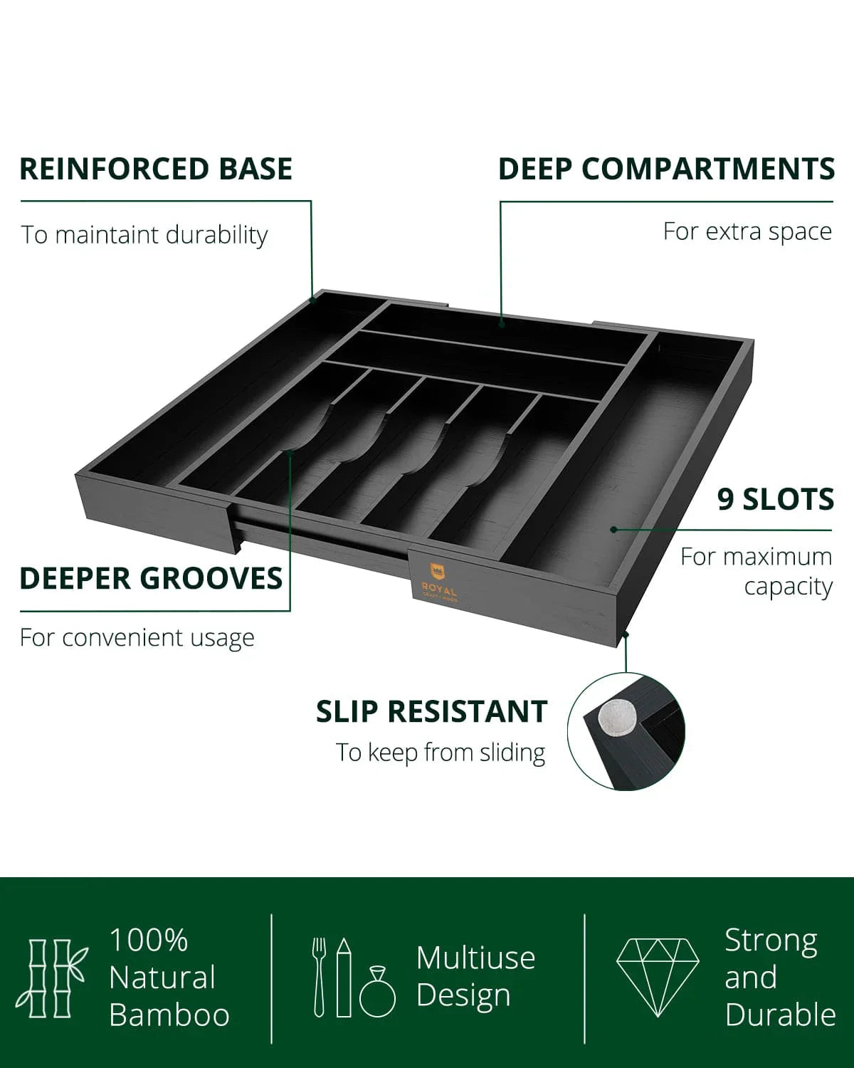 Silverware Drawer Organizer, Black (9 Slots) Royal Craft Wood