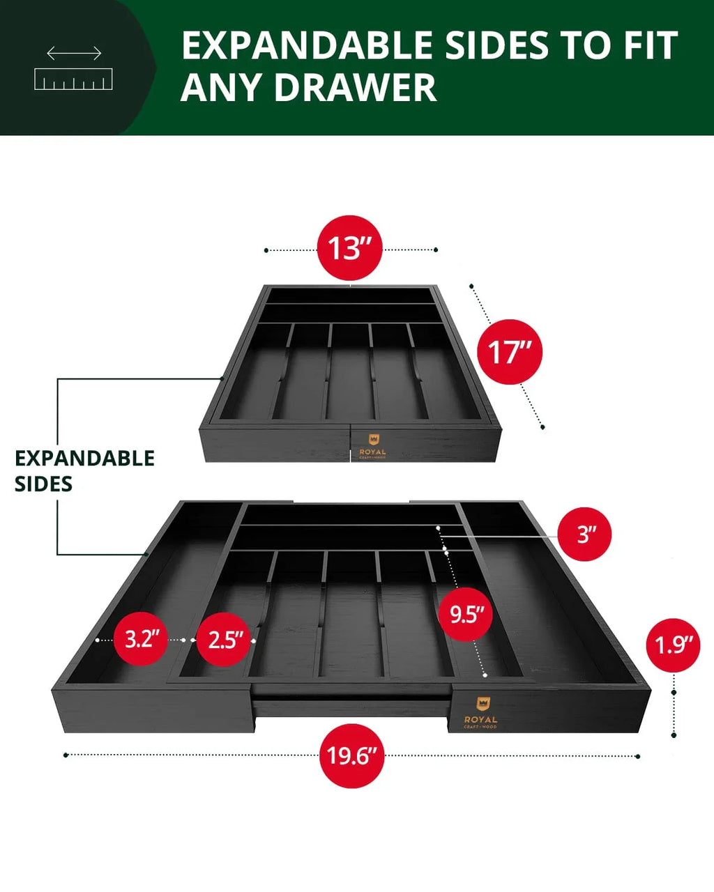 Silverware Drawer Organizer, Black (9 Slots) Royal Craft Wood
