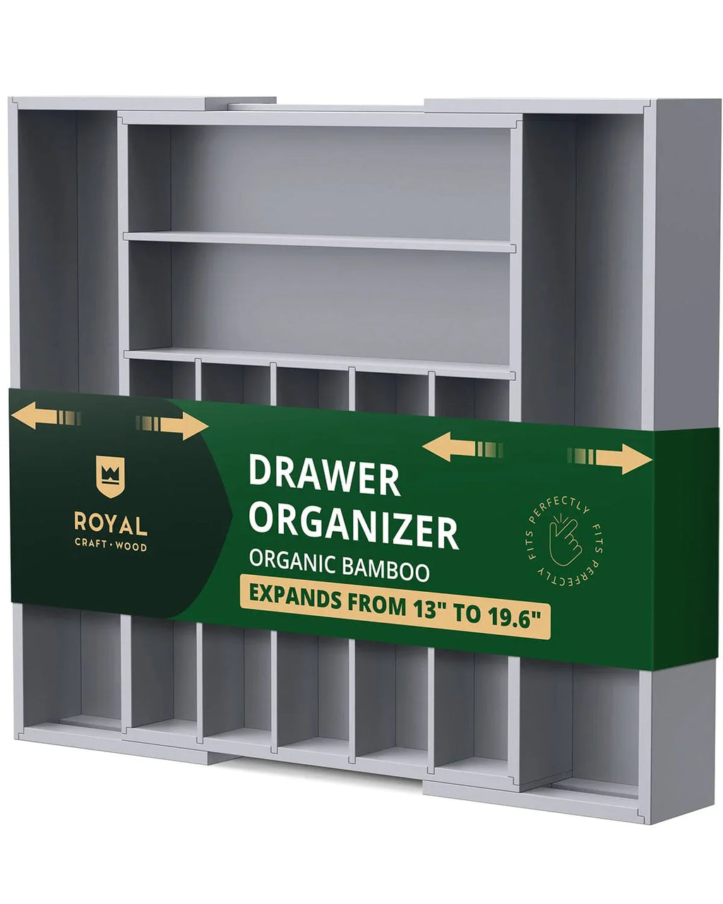 Silverware Drawer Organizer, Gray (9 Slots) Royal Craft Wood