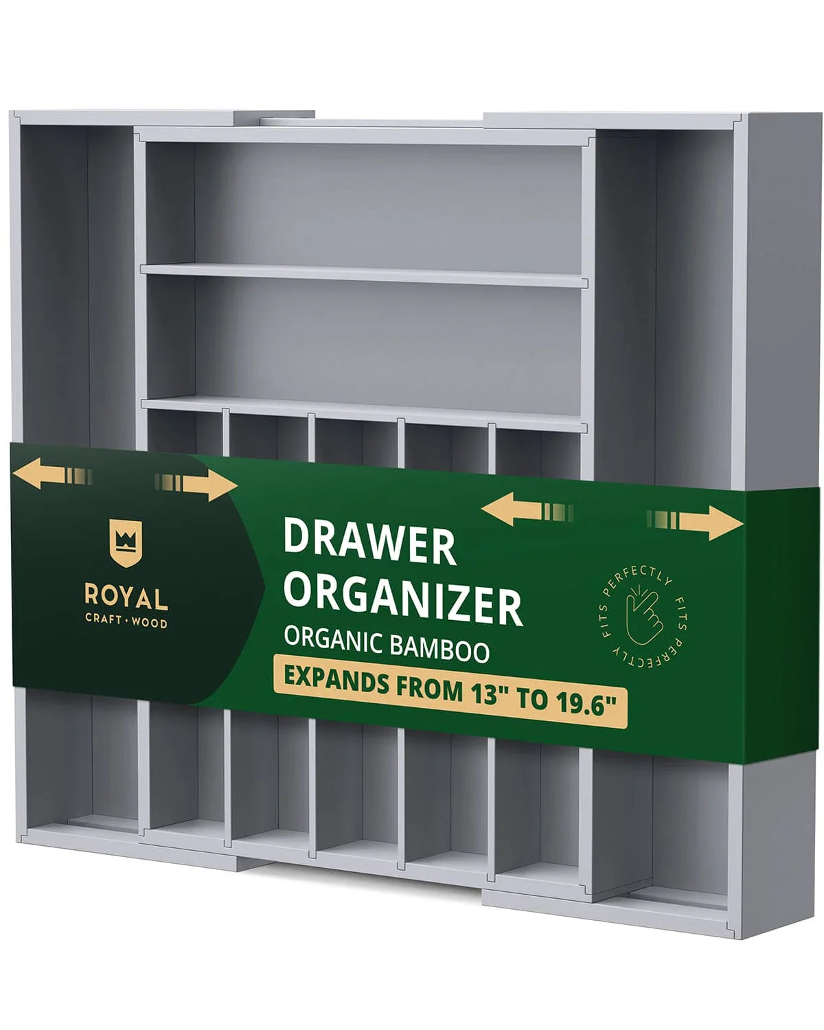 Silverware Drawer Organizer, Gray (9 Slots) Royal Craft Wood