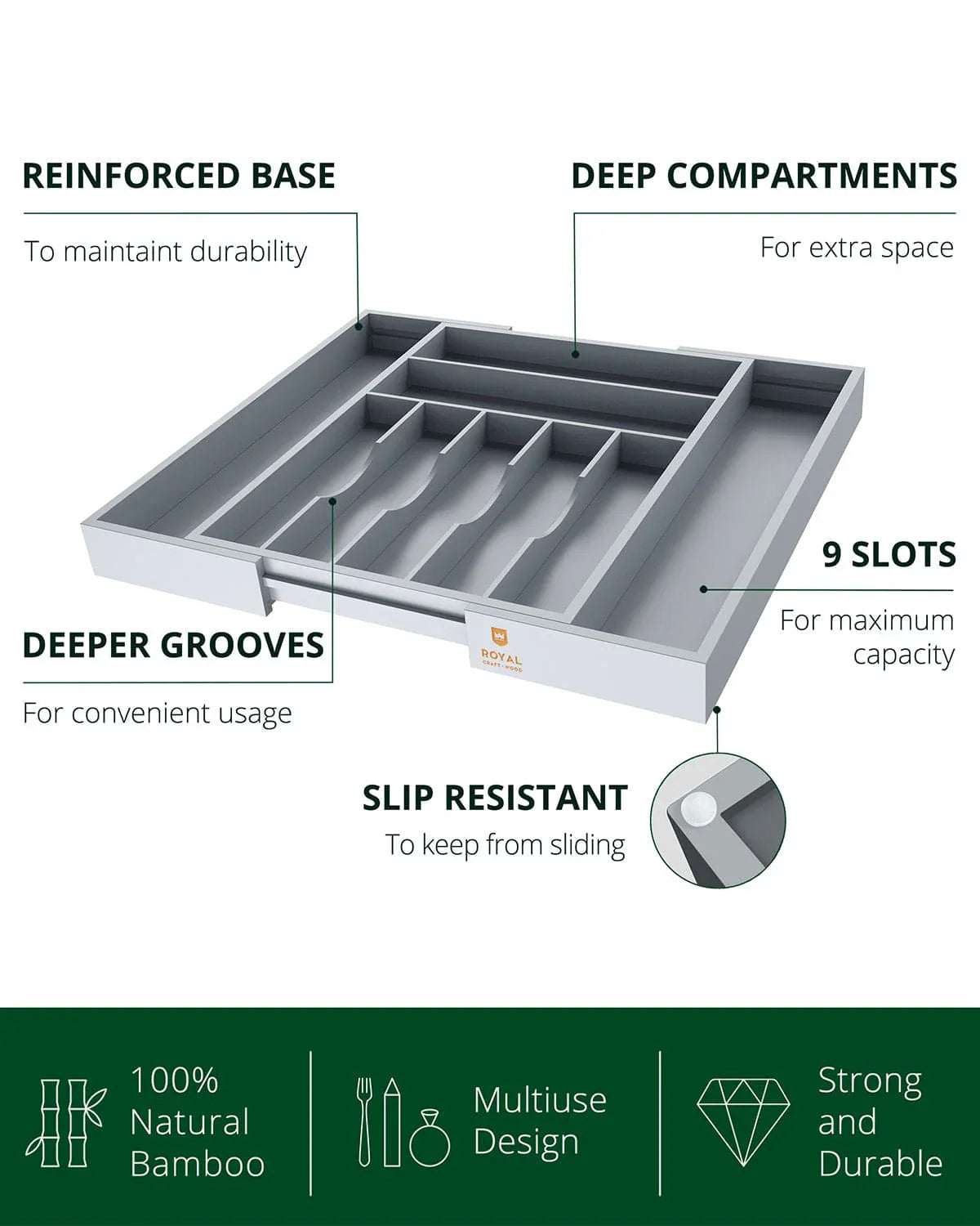 Silverware Drawer Organizer, Gray (9 Slots) Royal Craft Wood