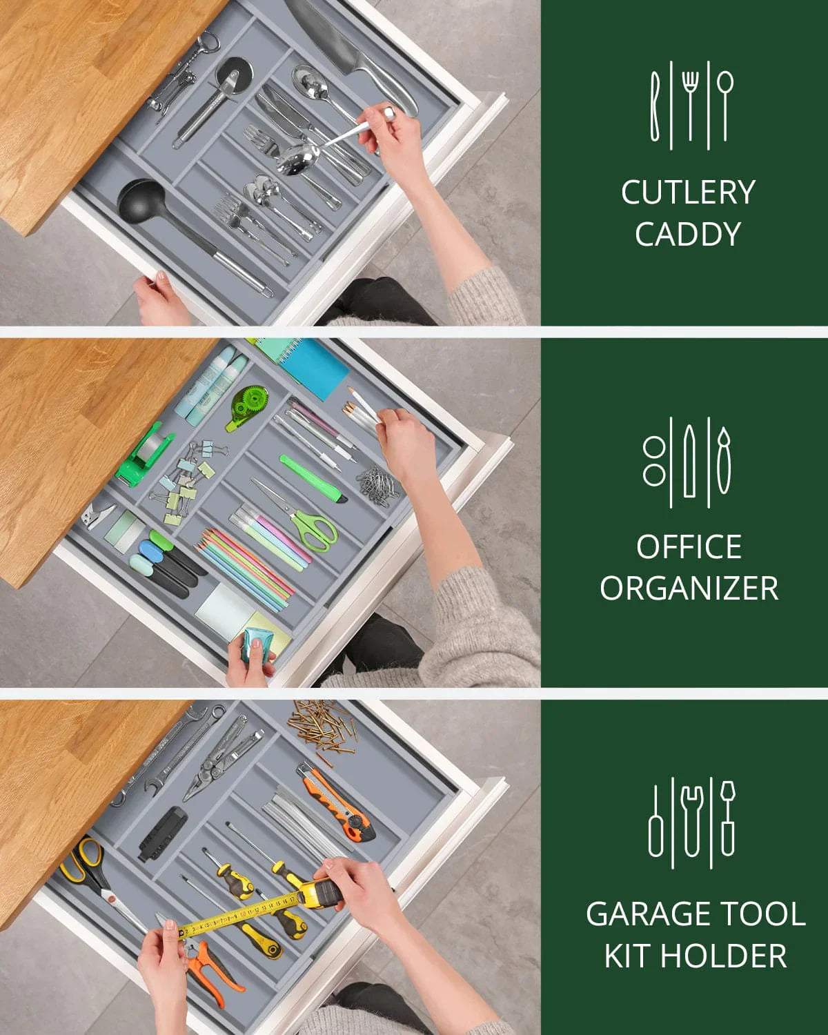 Silverware Drawer Organizer, Gray (9 Slots) Royal Craft Wood