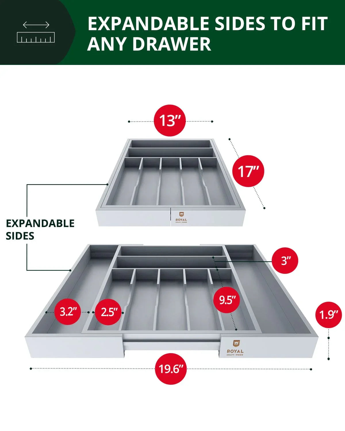Silverware Drawer Organizer, Gray (9 Slots) Royal Craft Wood
