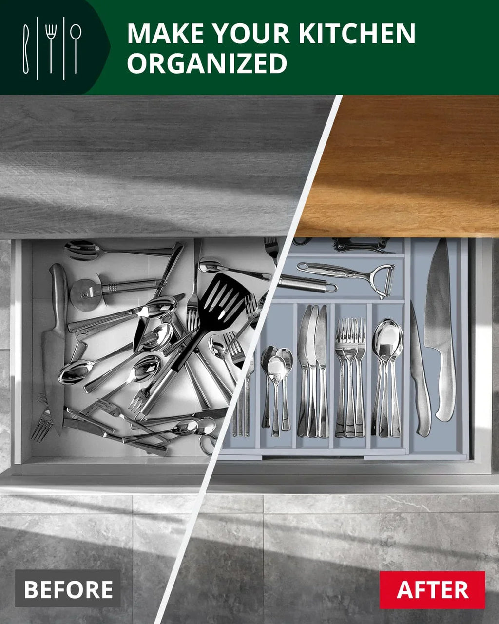 Silverware Drawer Organizer, Gray (9 Slots) Royal Craft Wood