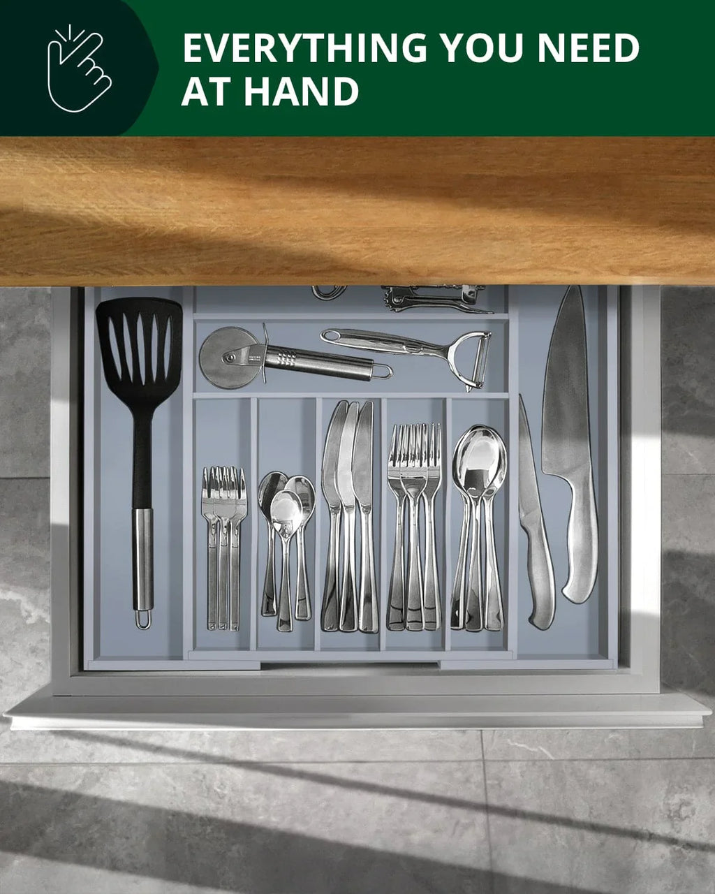 Silverware Drawer Organizer, Gray (9 Slots) Royal Craft Wood