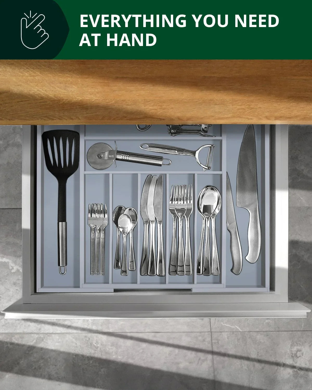 Silverware Drawer Organizer, Gray (9 Slots) Royal Craft Wood