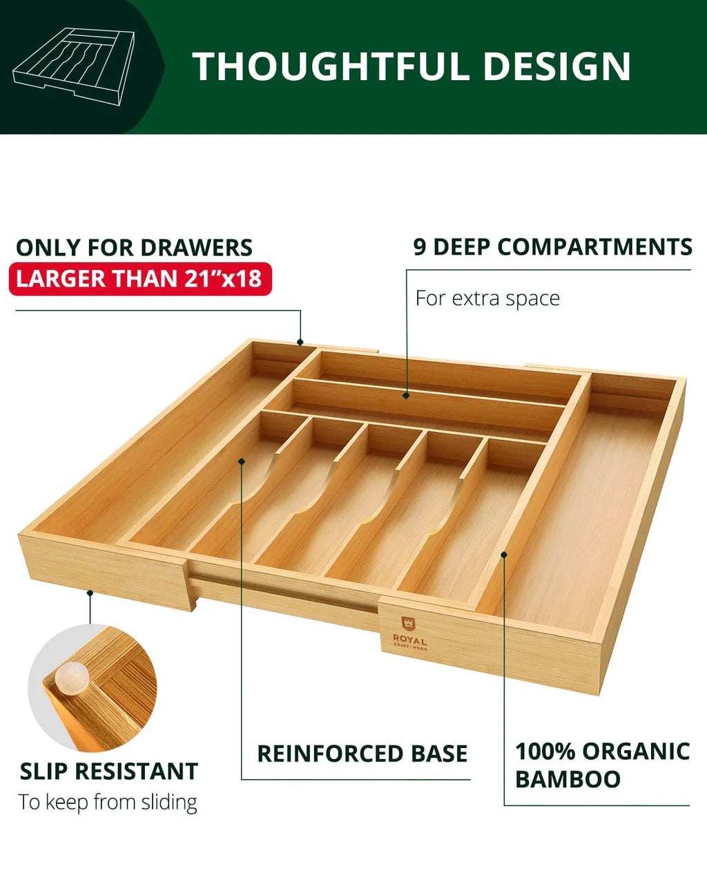 Silverware Drawer Organizer, Natural (9 Slots) Royal Craft Wood