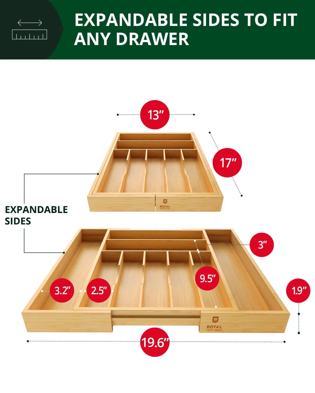 Silverware Drawer Organizer, Natural (9 Slots) Royal Craft Wood