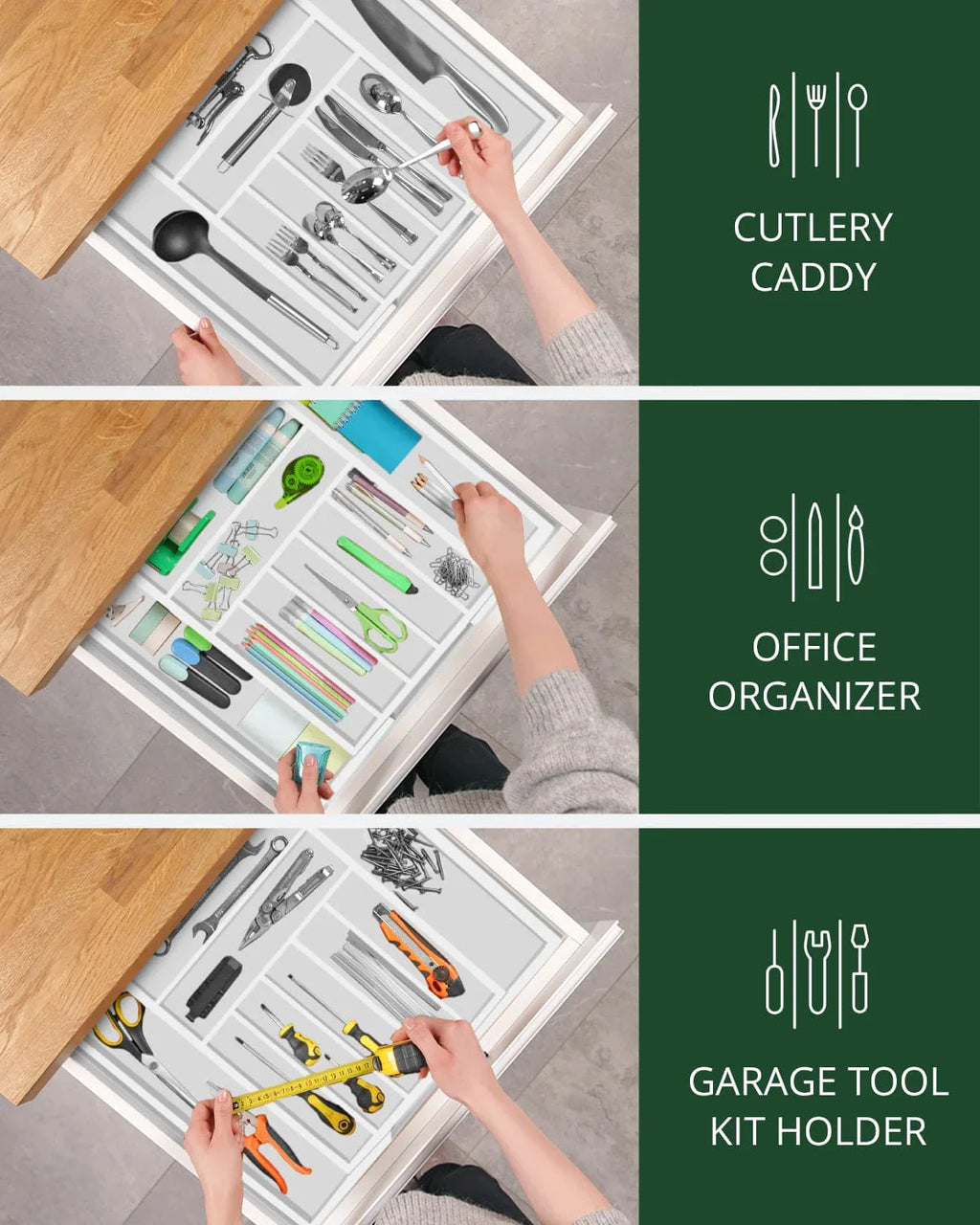 Silverware Drawer Organizer, White (9 Slots) Royal Craft Wood