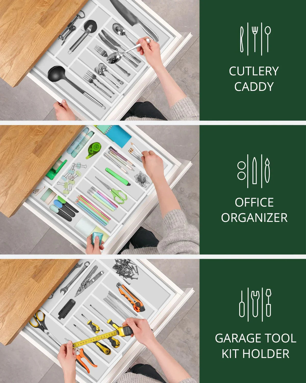 Silverware Drawer Organizer, White (9 Slots) Royal Craft Wood