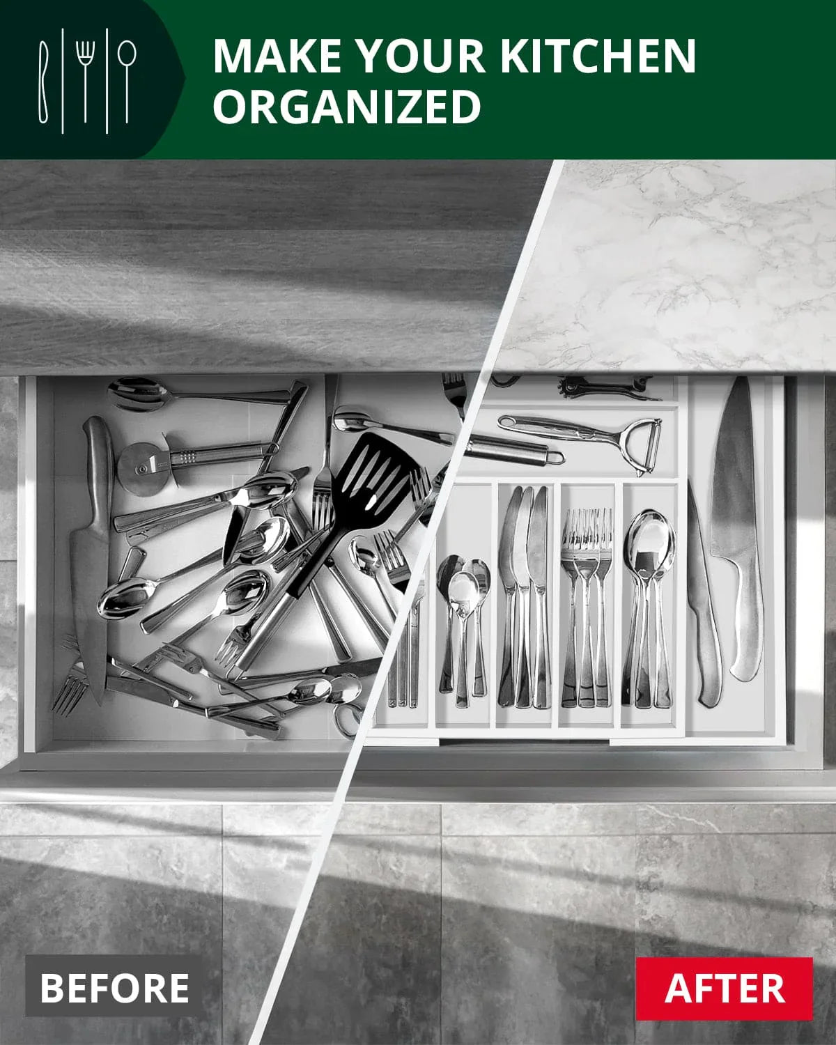 Silverware Drawer Organizer, White (9 Slots) Royal Craft Wood