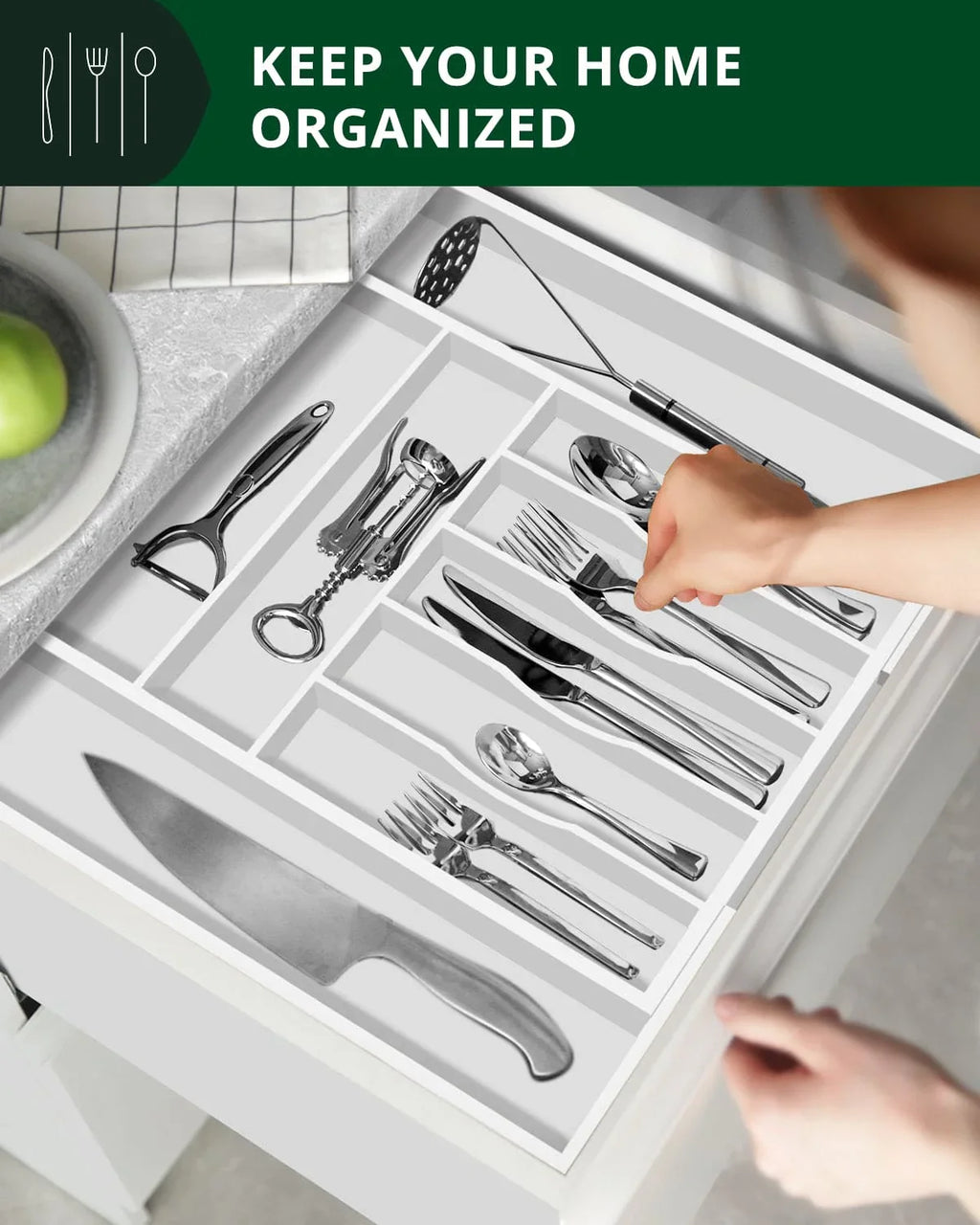 Silverware Drawer Organizer, White (9 Slots) Royal Craft Wood