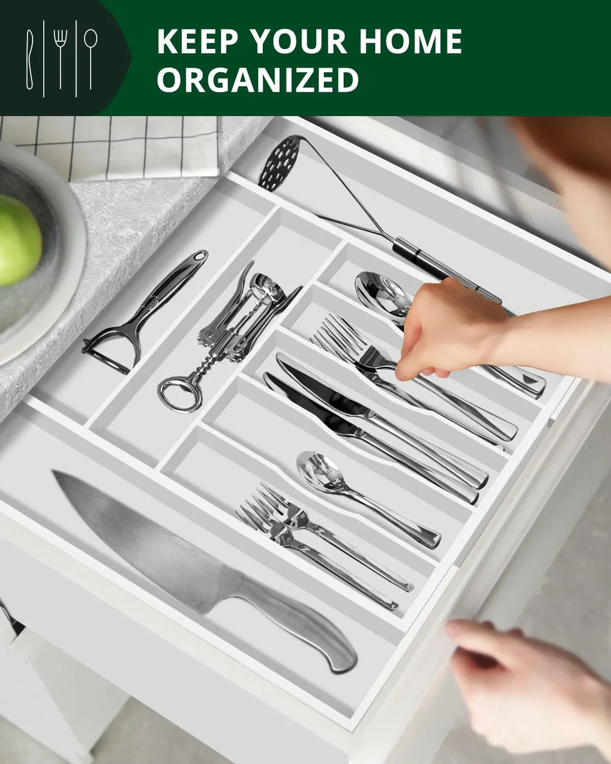 Silverware Drawer Organizer, White (9 Slots) Royal Craft Wood