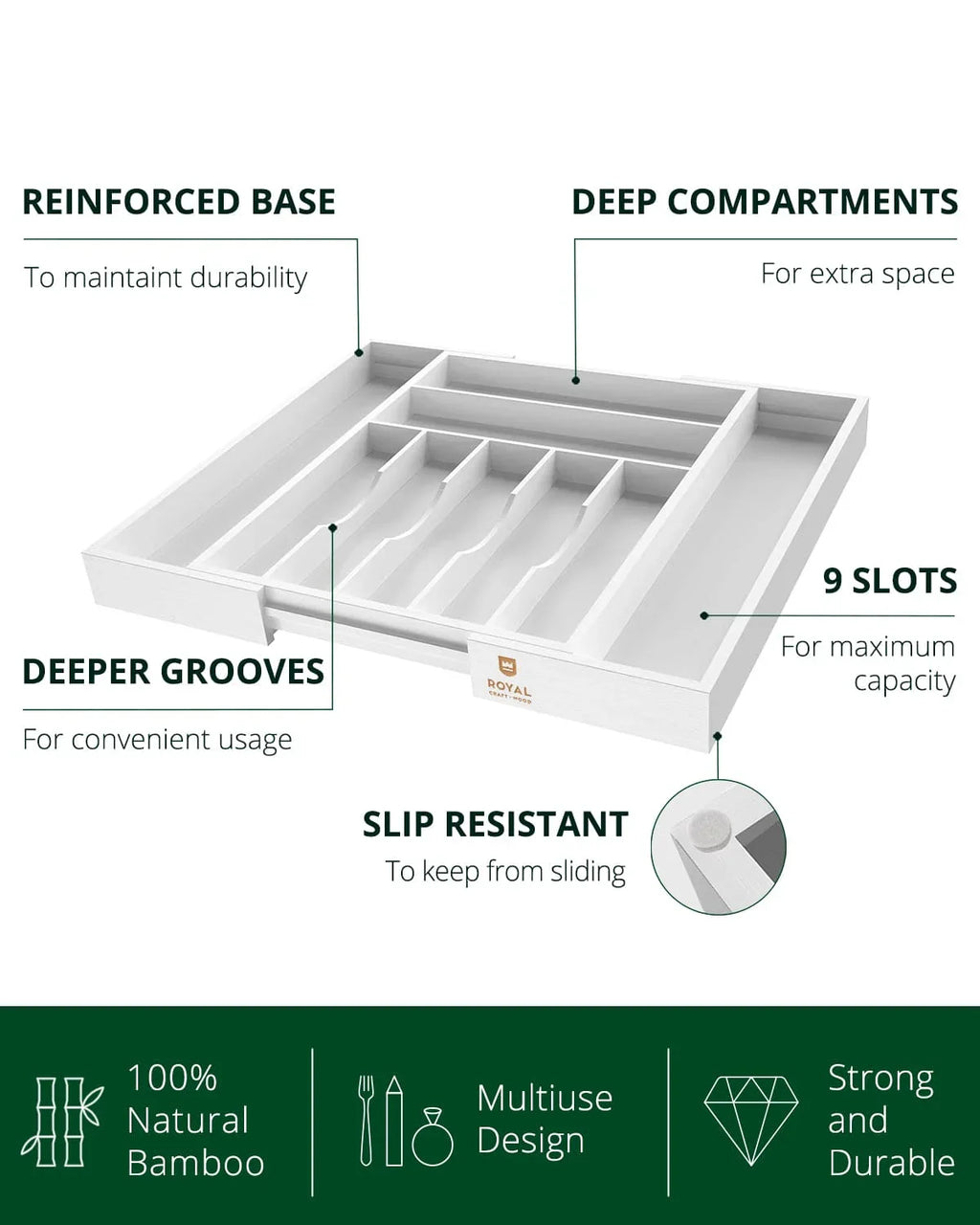 Silverware Drawer Organizer, White (9 Slots) Royal Craft Wood
