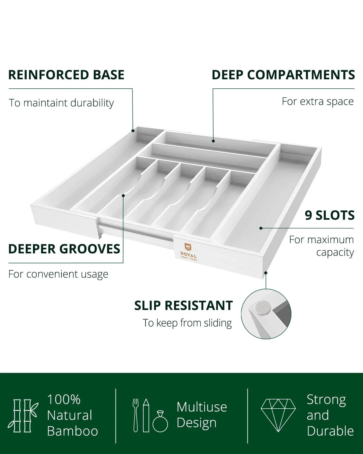 Silverware Drawer Organizer, White (9 Slots) Royal Craft Wood