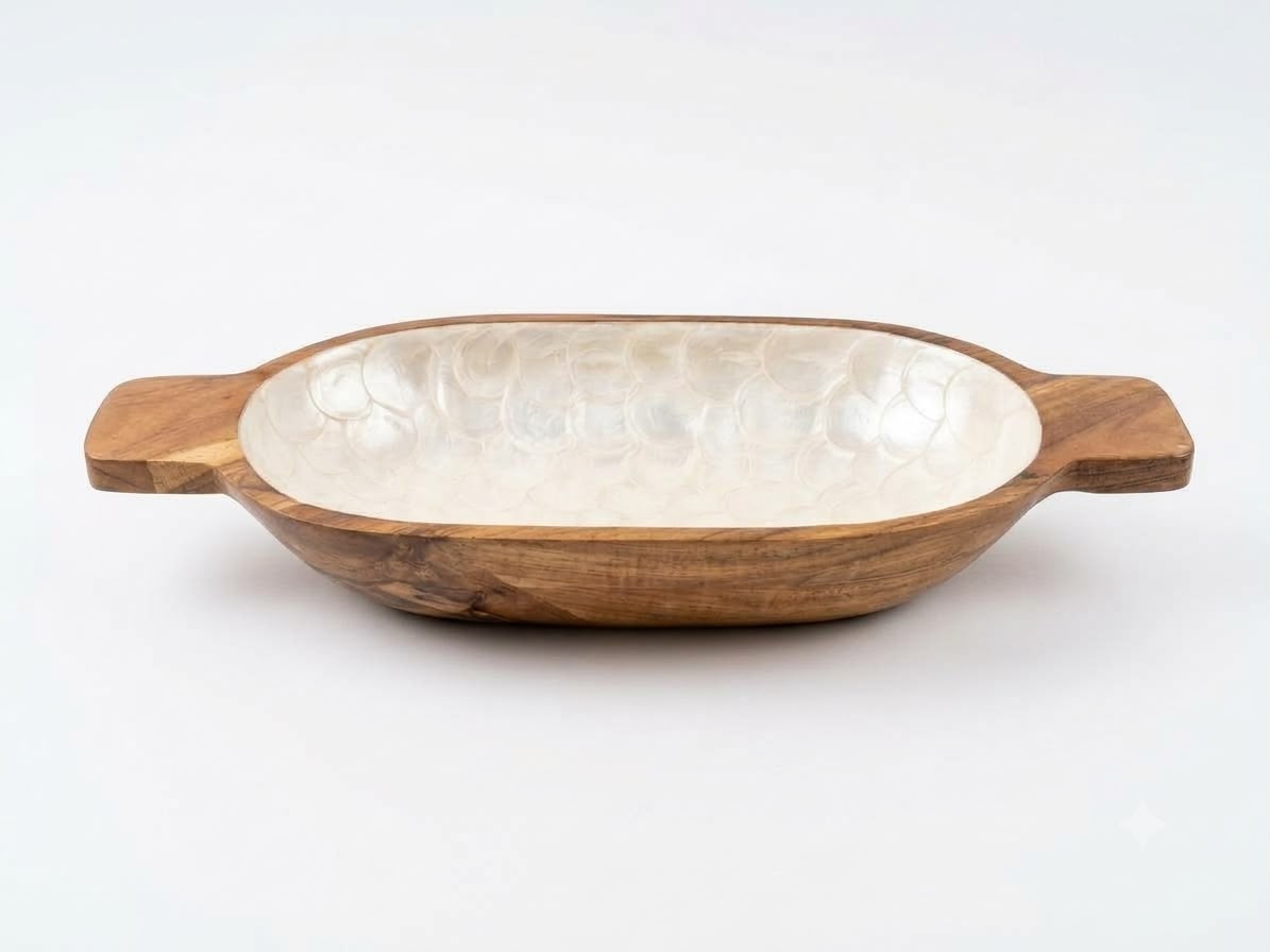 Small Boat Mango Wood Serving Tray in Pearl White Scallop, handcrafted in Moradabad, India
