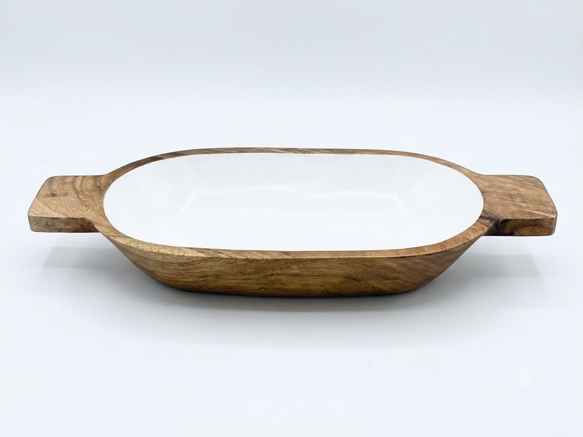 Small Boat Mango Wood Serving Tray in White, handcrafted in Moradabad, India