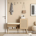 2-in-1 Shoe Storage Bench with Natural Rattan Accents, Adjustable Shelves & Removable Seat Cushion – Durable Wooden Frame, Ideal for Entryway, Hallway, Bedroom – Space-Saving Organizer with Decorative Faux Rattan Design House Of Avana