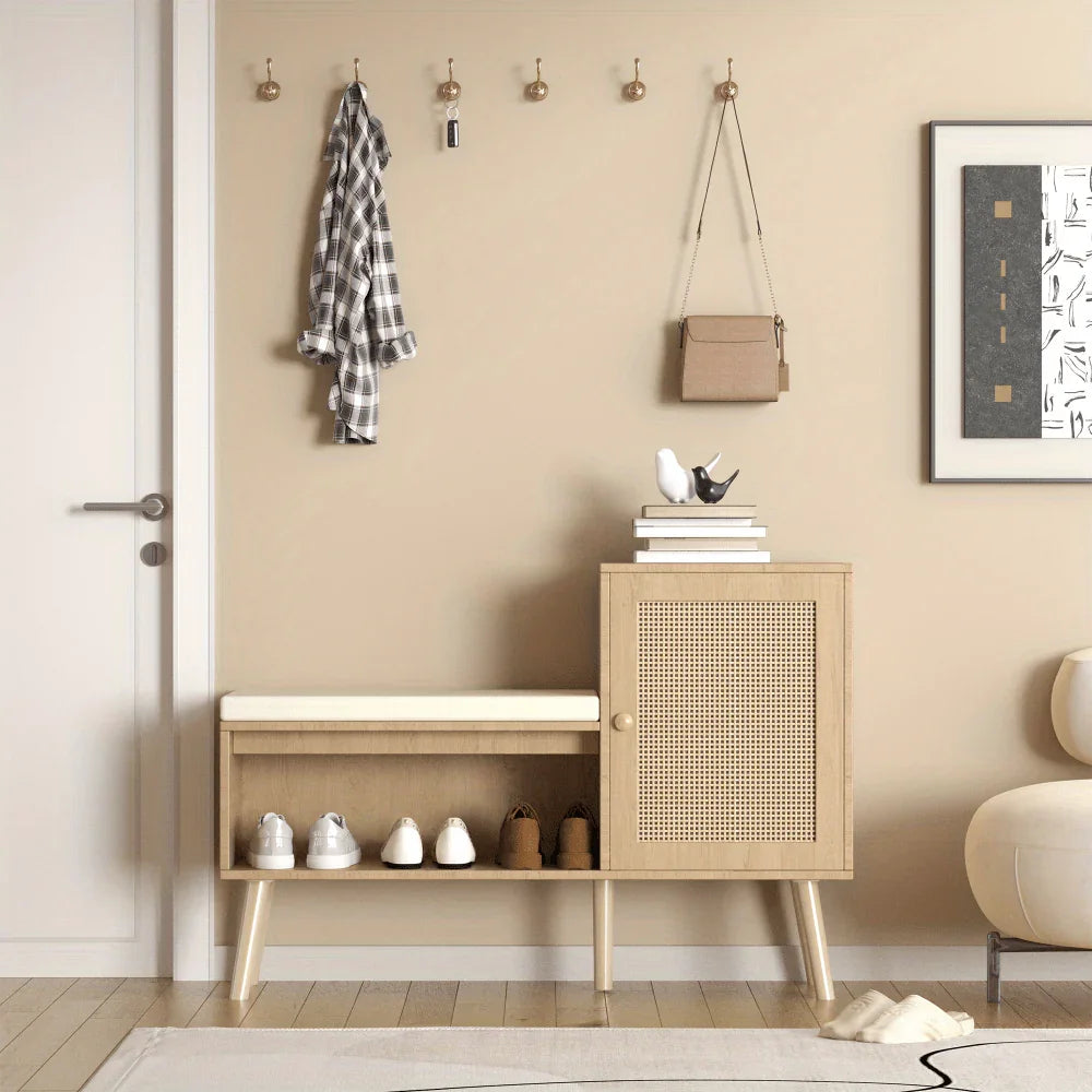 2-in-1 Shoe Storage Bench with Natural Rattan Accents, Adjustable Shelves & Removable Seat Cushion – Durable Wooden Frame, Ideal for Entryway, Hallway, Bedroom – Space-Saving Organizer with Decorative Faux Rattan Design House Of Avana