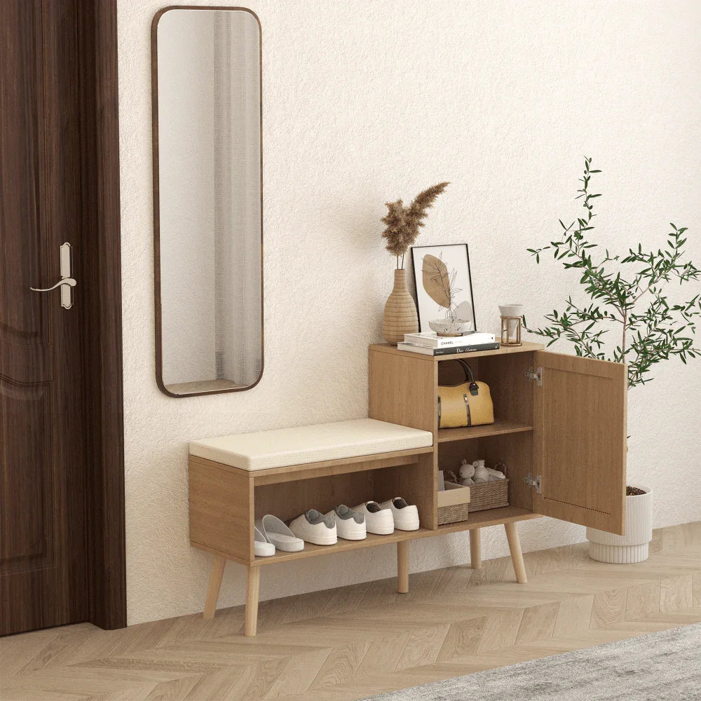 2-in-1 Shoe Storage Bench with Natural Rattan Accents, Adjustable Shelves & Removable Seat Cushion – Durable Wooden Frame, Ideal for Entryway, Hallway, Bedroom – Space-Saving Organizer with Decorative Faux Rattan Design House Of Avana