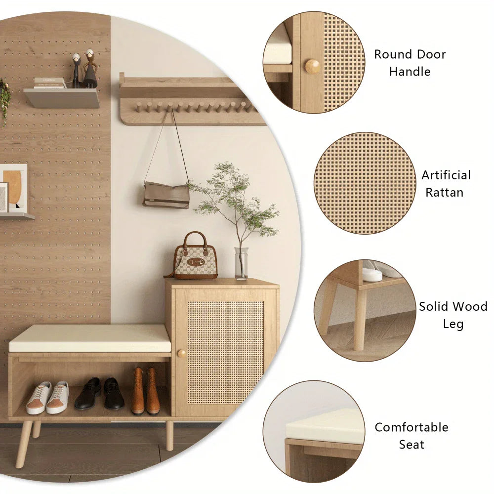 2-in-1 Shoe Storage Bench with Natural Rattan Accents, Adjustable Shelves & Removable Seat Cushion – Durable Wooden Frame, Ideal for Entryway, Hallway, Bedroom – Space-Saving Organizer with Decorative Faux Rattan Design House Of Avana