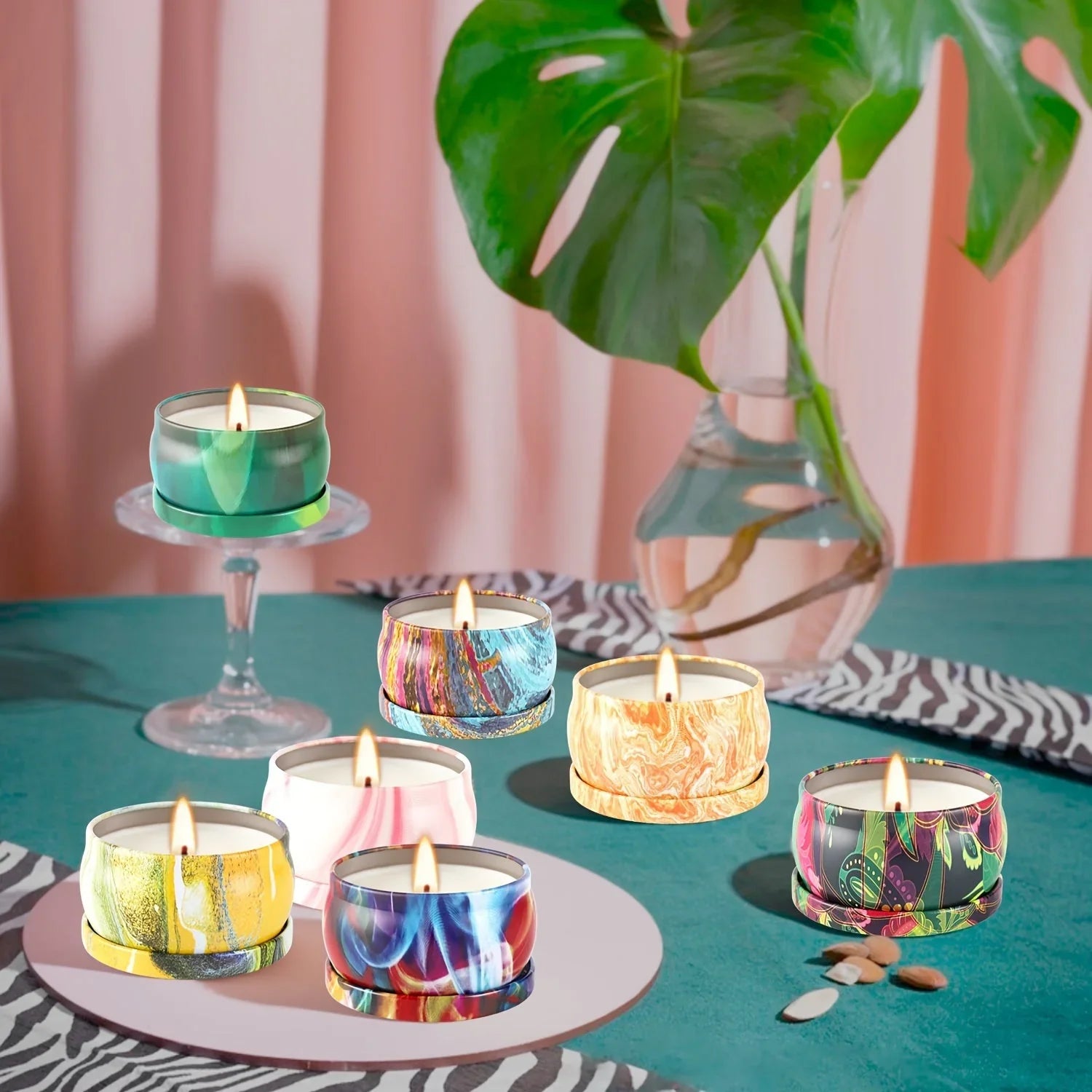 Smokeless marble scented soy wax candles in white, ambient glow - House of Avana