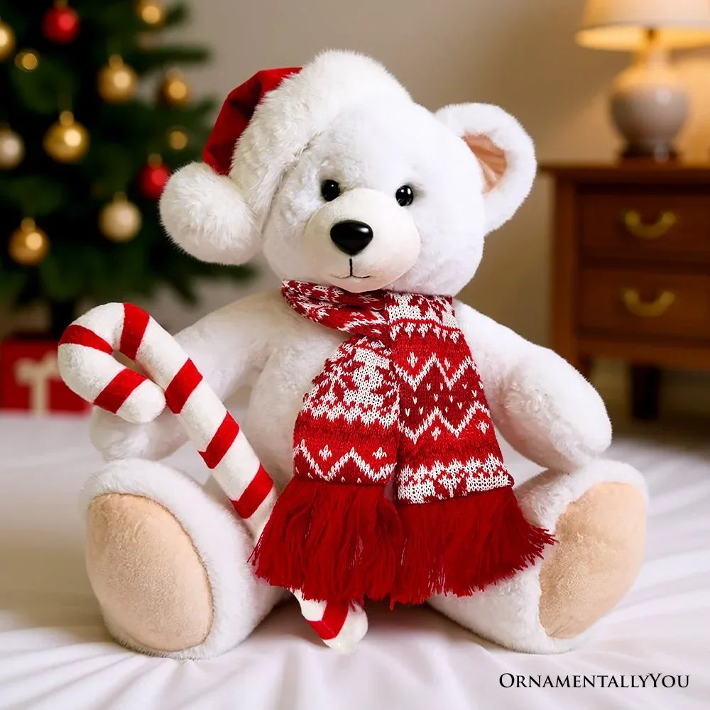 Snowy the Polar Bear Plushie, Cute Kids’ 12" Christmas Stuffed Toy, Santa Hat and Candy Cane OrnamentallyYou