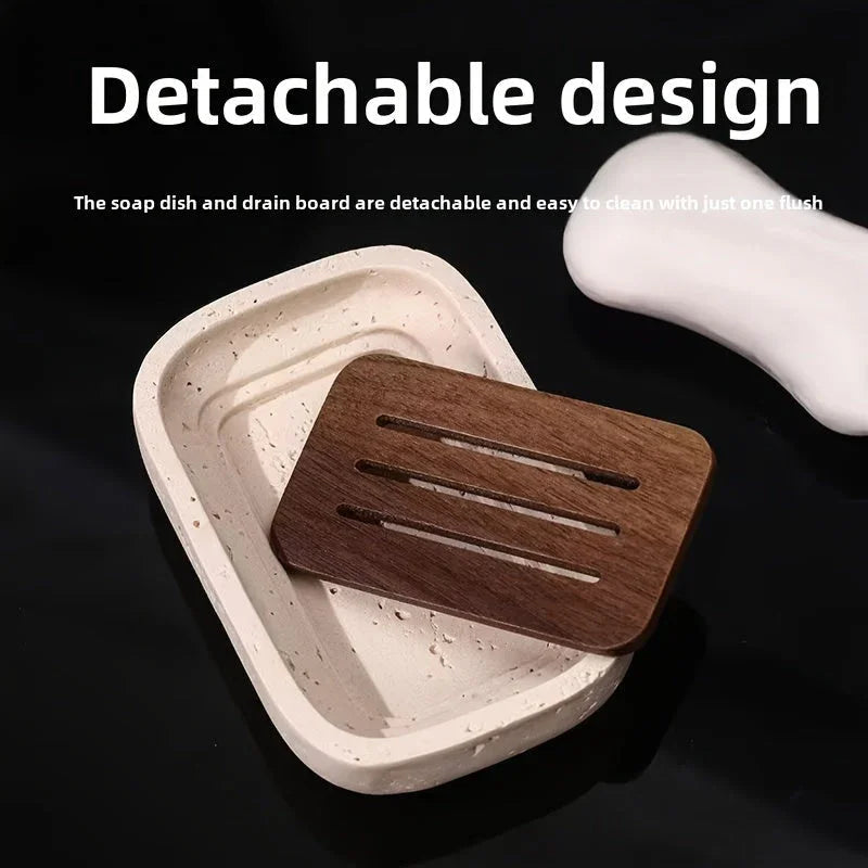 Wabi - sabi style sand - stone resin soap dish. The off - white sand - stone textured dish body is paired with a partition polished from imported North American walnut, presenting a simple and natural look. Sized approximatel House Of Avana [[SKU:HOA-BAT-016]]