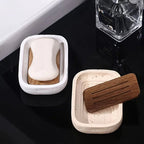 Wabi - sabi style sand - stone resin soap dish. The off - white sand - stone textured dish body is paired with a partition polished from imported North American walnut, presenting a simple and natural look. Sized approximatel House Of Avana [[SKU:HOA-BAT-016]]