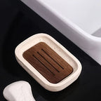 Wabi - sabi style sand - stone resin soap dish. The off - white sand - stone textured dish body is paired with a partition polished from imported North American walnut, presenting a simple and natural look. Sized approximatel House Of Avana [[SKU:HOA-BAT-016]]